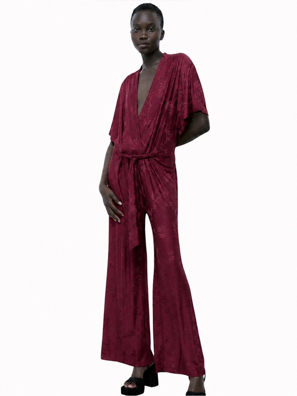 Zara Burgundy V-Neck Wide-Leg Jumpsuit